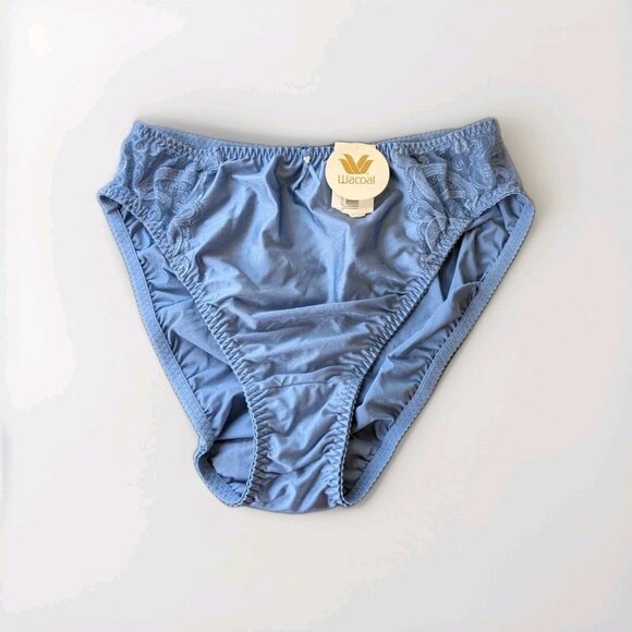 Vintage Wacoal Satin Second Skin High Cut Embroidered Panties Blue XL 84164 - Picture 1 of 12